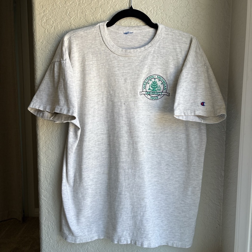 Champion Men L Gray Embroidered T Shirt Vintage 90s W Michigan University Crest